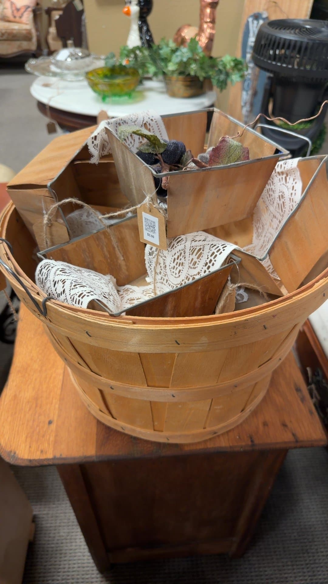 Wooden Bushel Basket with Lace and Decor - Image 1
