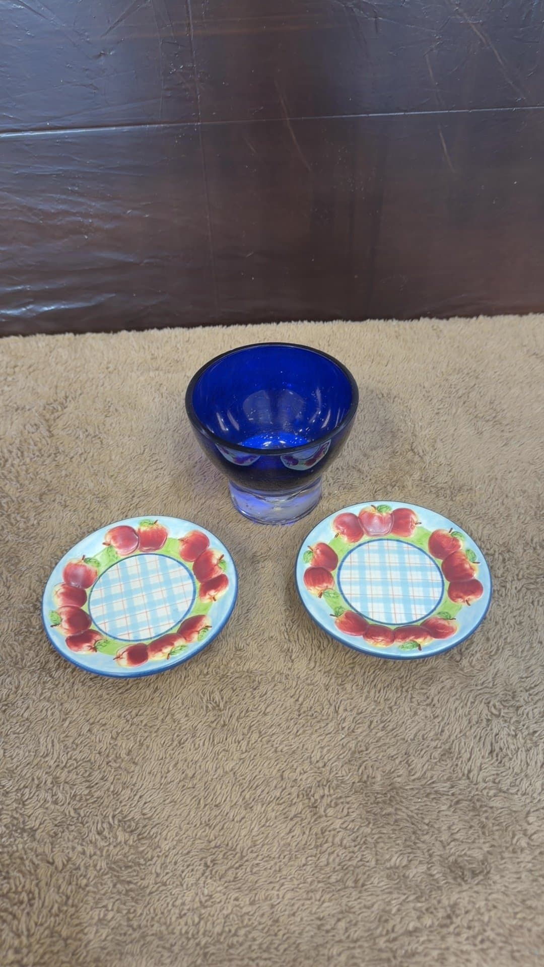 Michal Sparks Apple Pattern Coasters and Cobalt Blue Glass Holder Set - Image 1