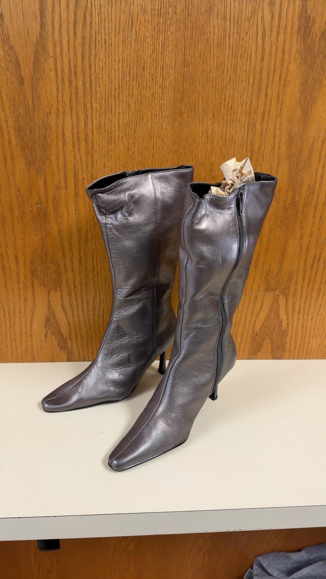 Women's Metallic Pewter Leather Knee-High Heeled Boots - Image 1