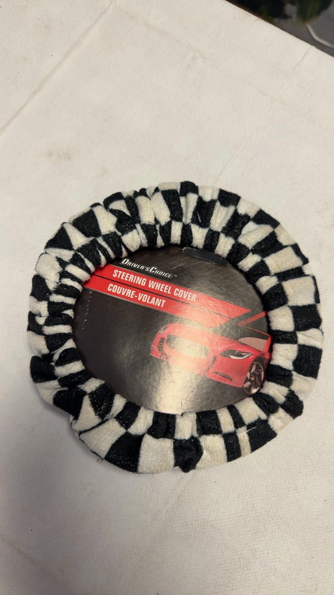 Black & White Checkered Plush Steering Wheel Cover - Image 1