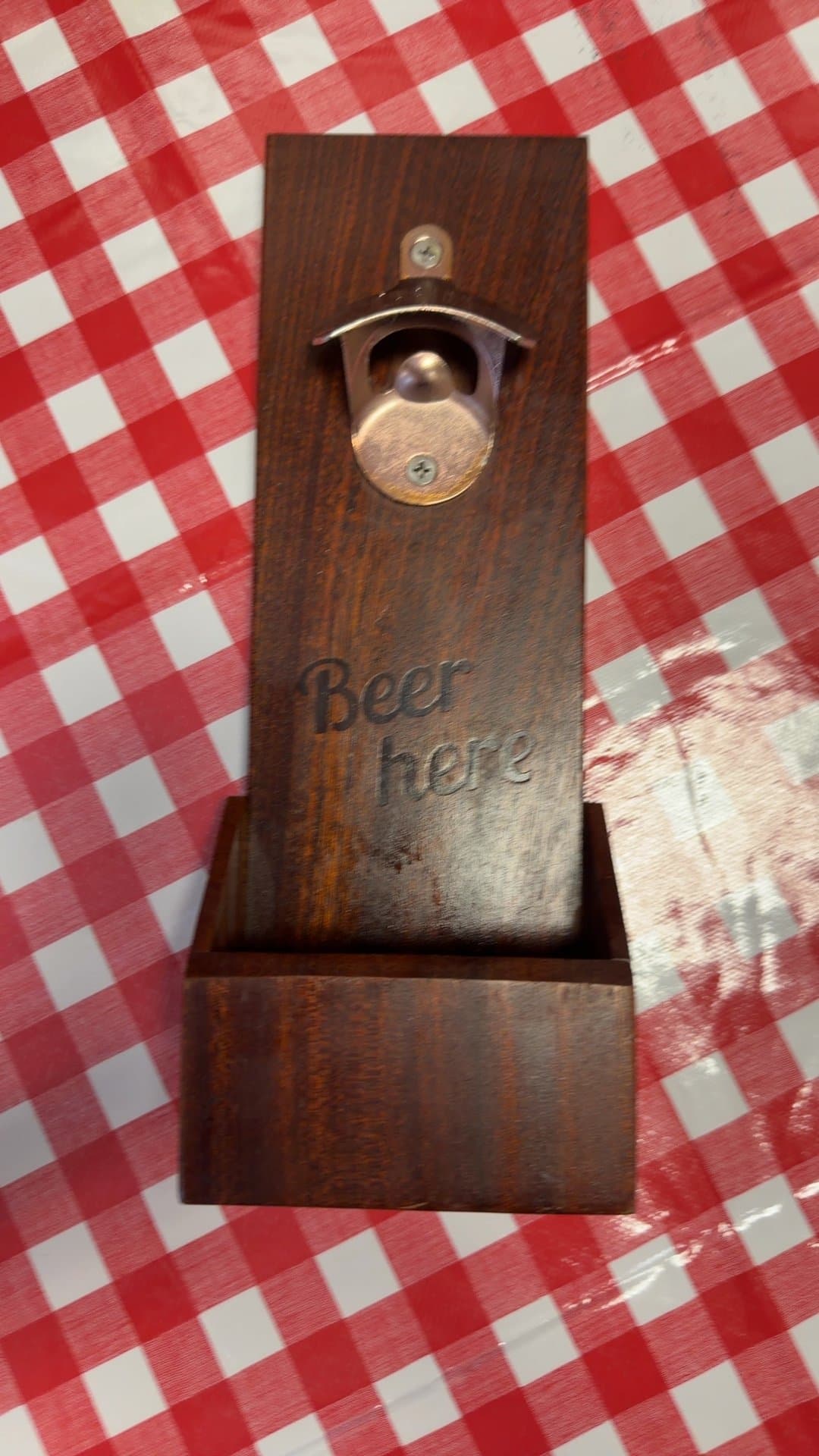 Wall Mounted Wooden Bottle Opener with Cap Catcher Box - Image 1