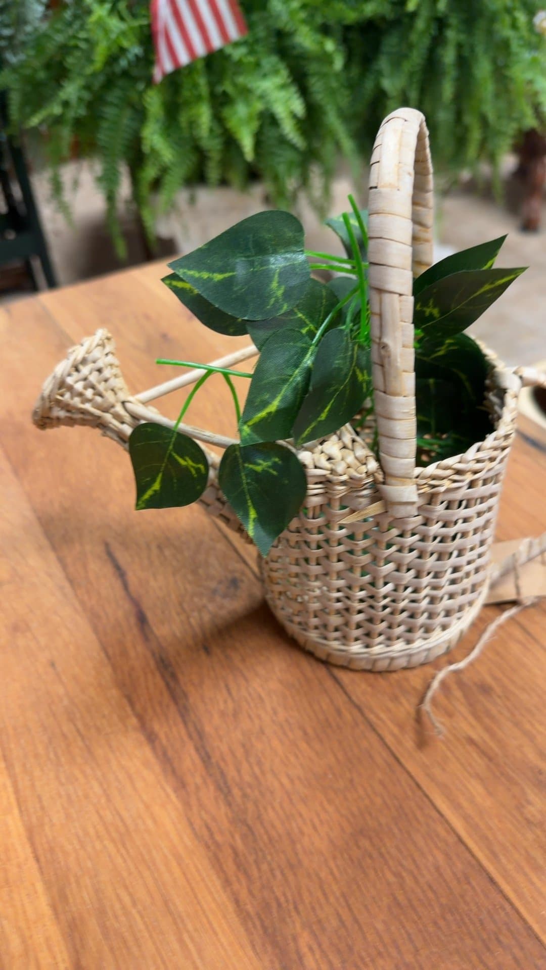 Wicker Watering Can Basket with Faux Plant - Image 1