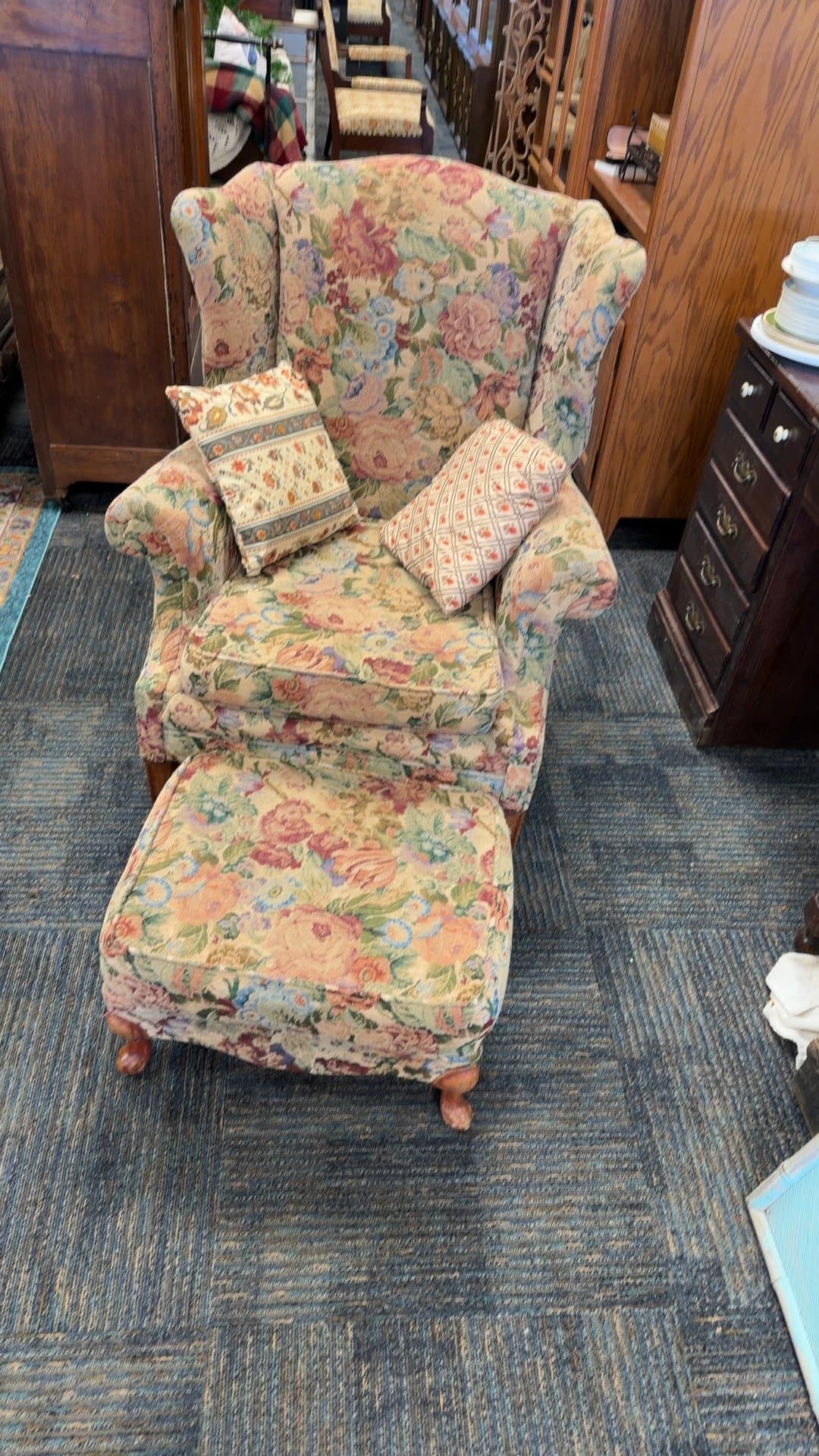 Floral Upholstered Wingback Chair with Ottoman - Image 1