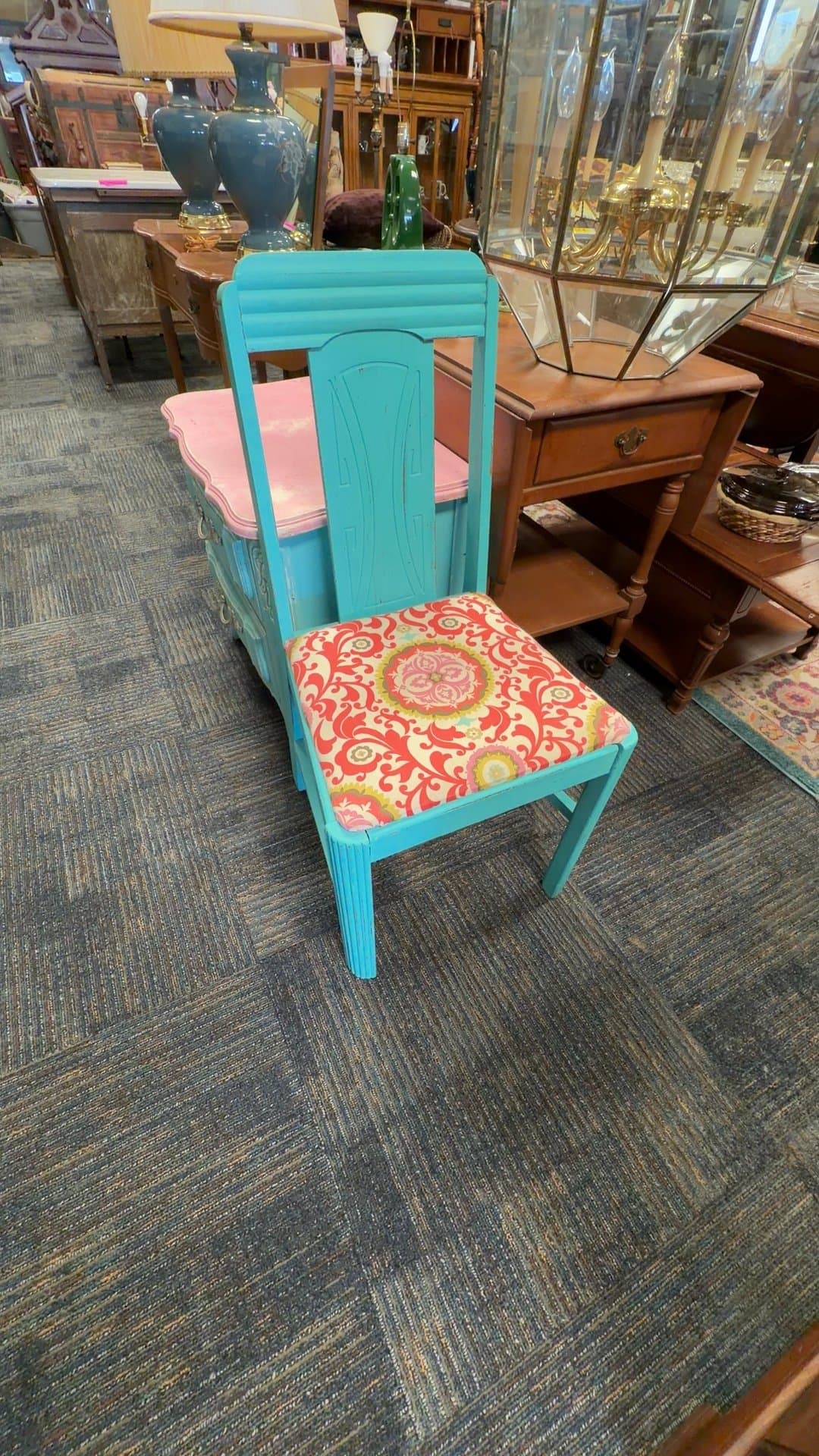 Vintage Turquoise Wooden Chair with Patterned Upholstery - Image 1