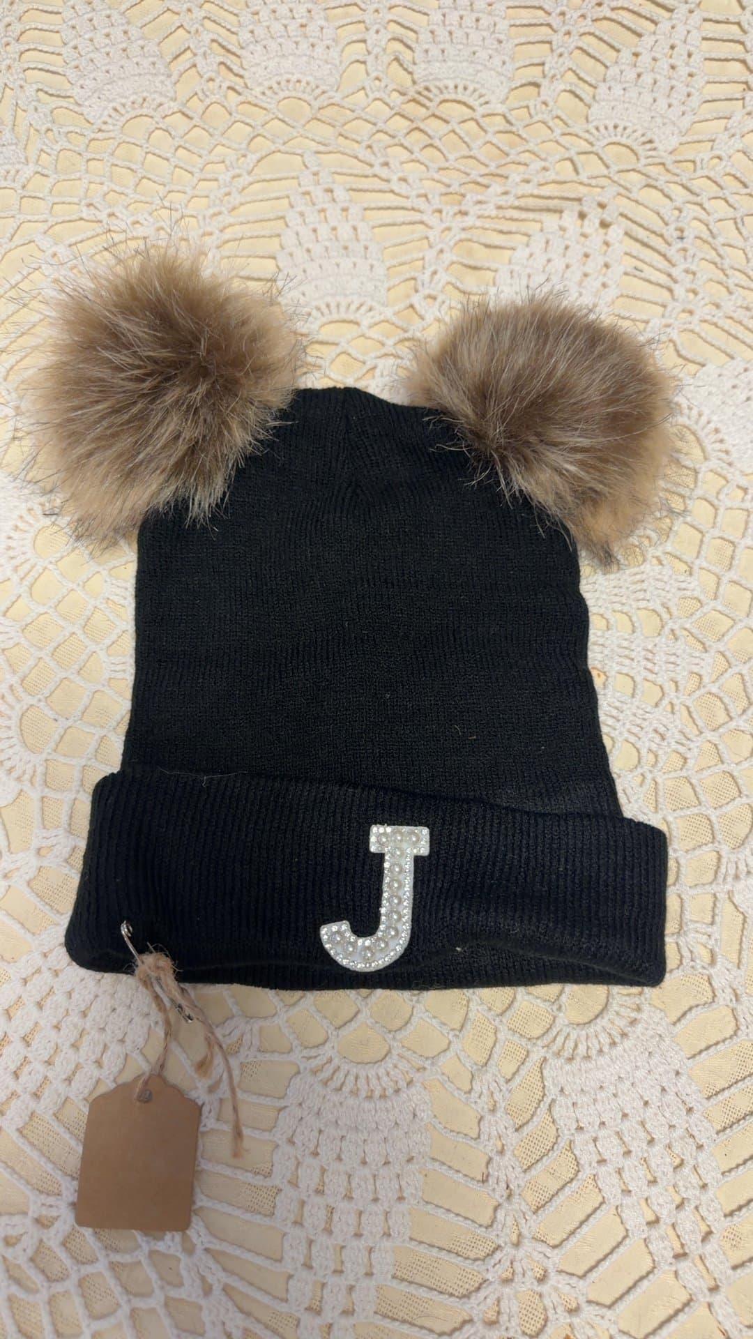 Black Knit Beanie with Faux Fur Pom Poms and Rhinestone 'J' - Image 1