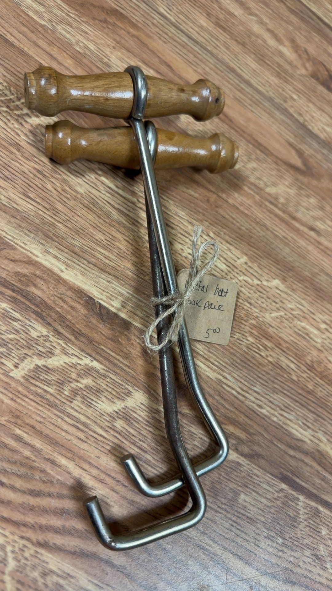 Vintage Metal Boot Hooks with Wooden Handles - Image 1