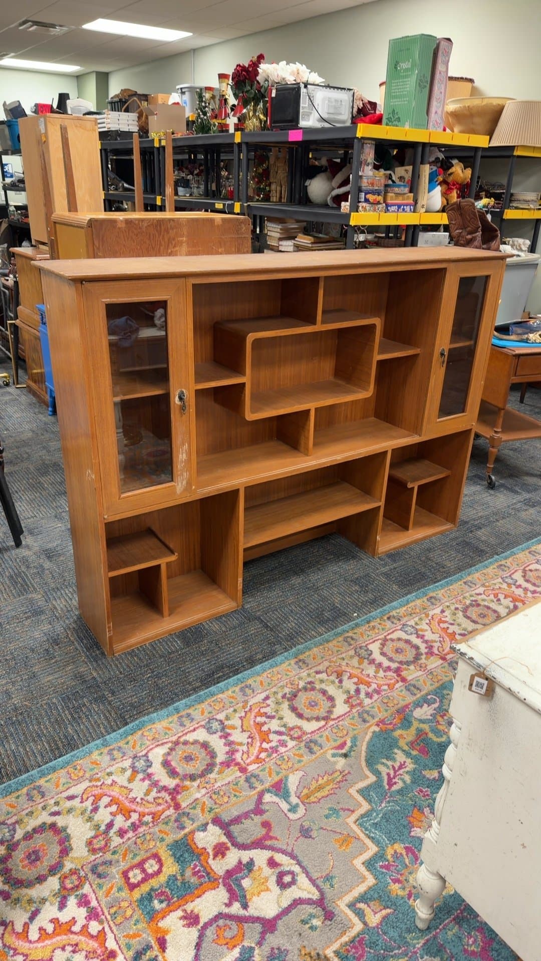 Mid-Century Modern Wooden Bookcase with Glass Doors - Image 1