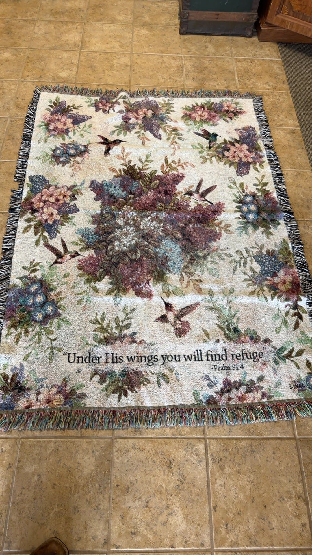 Floral Tapestry Throw Blanket with Psalm 91:4 - Image 1