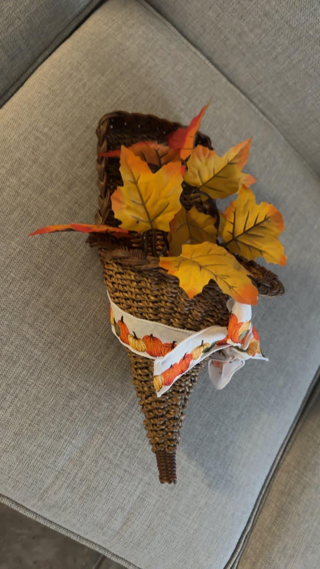 Woven Cornucopia Hanging Wall Basket with Faux Fall Leaves - Image 1
