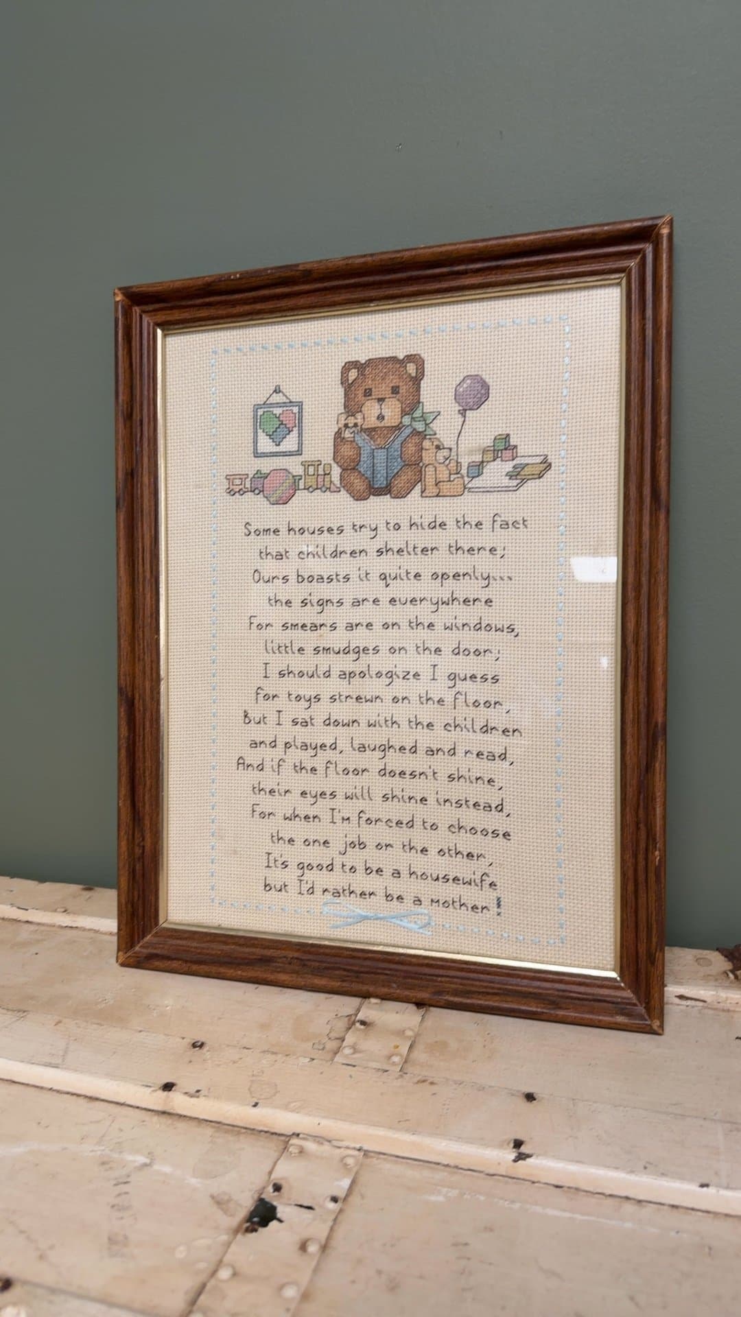 Framed Cross-Stitch with Teddy Bear and Poem - Image 1