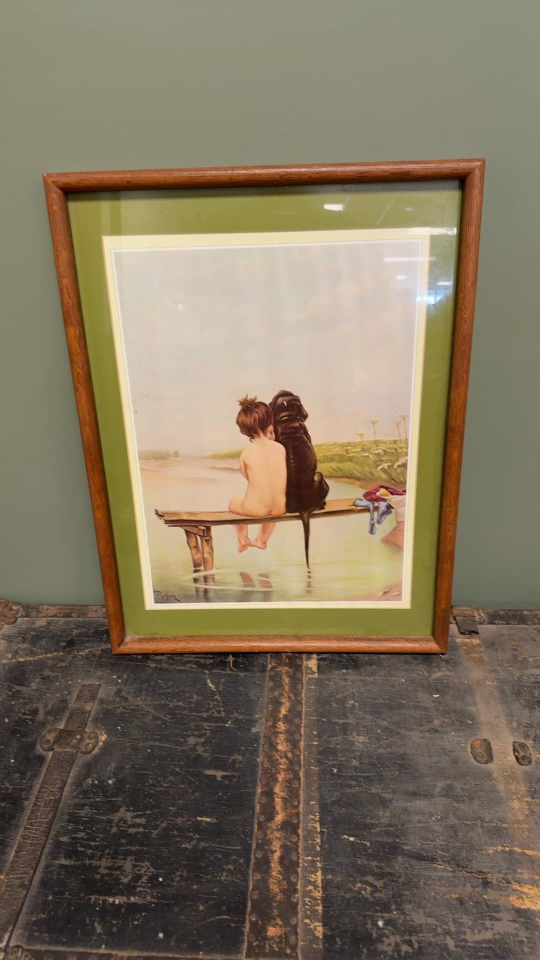 Framed Print of Child and Dog by River - Image 1