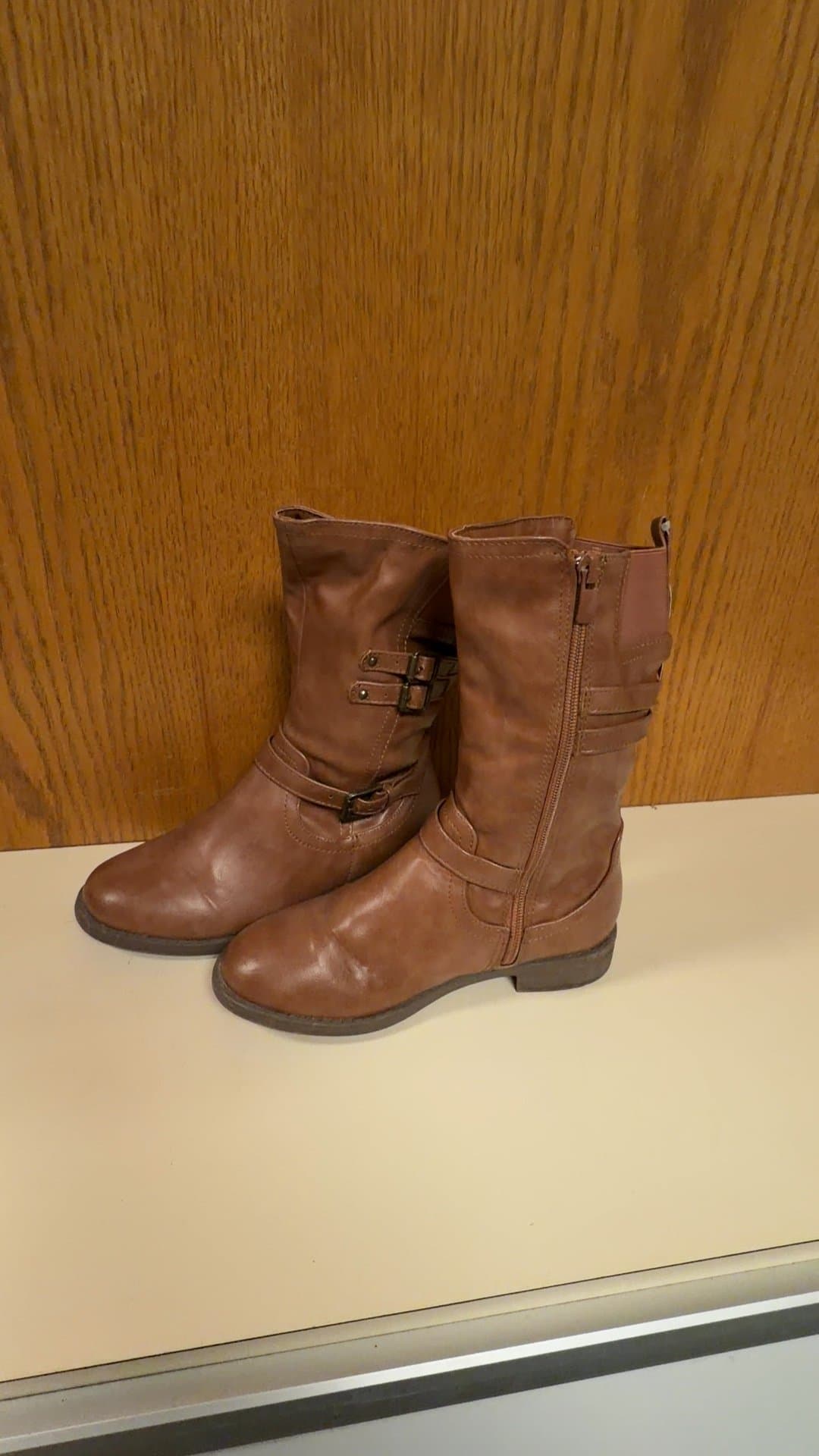3 Link Brown Faux Leather Mid-Calf Buckle Boots - Image 1
