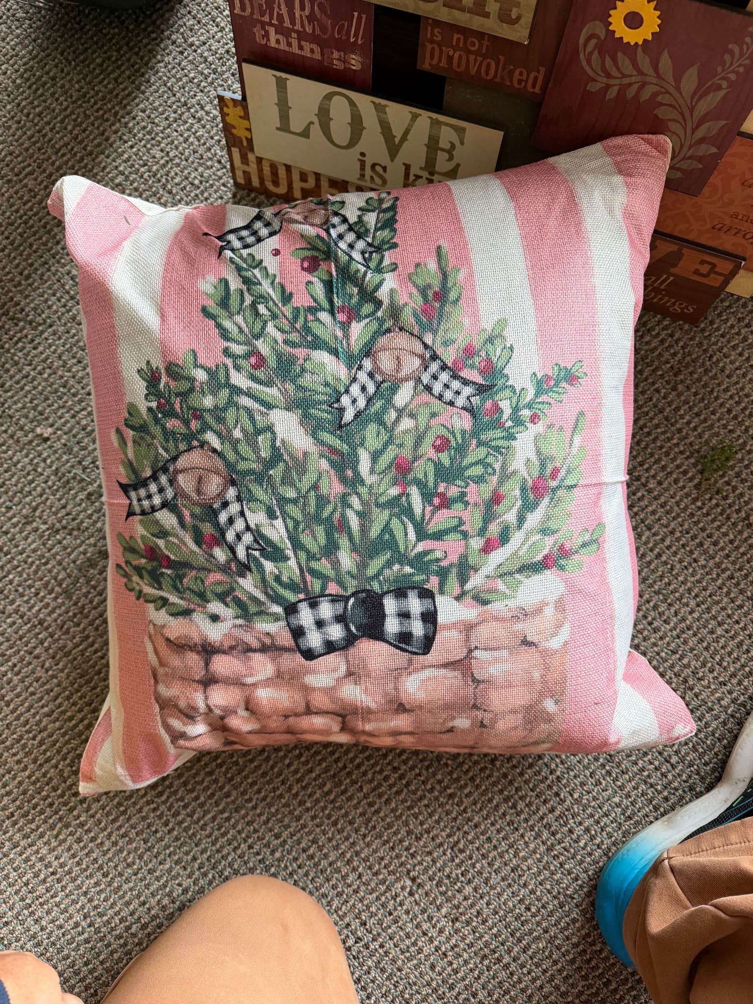 Christmas Pillow with Pink Stripes and Bow - Image 1