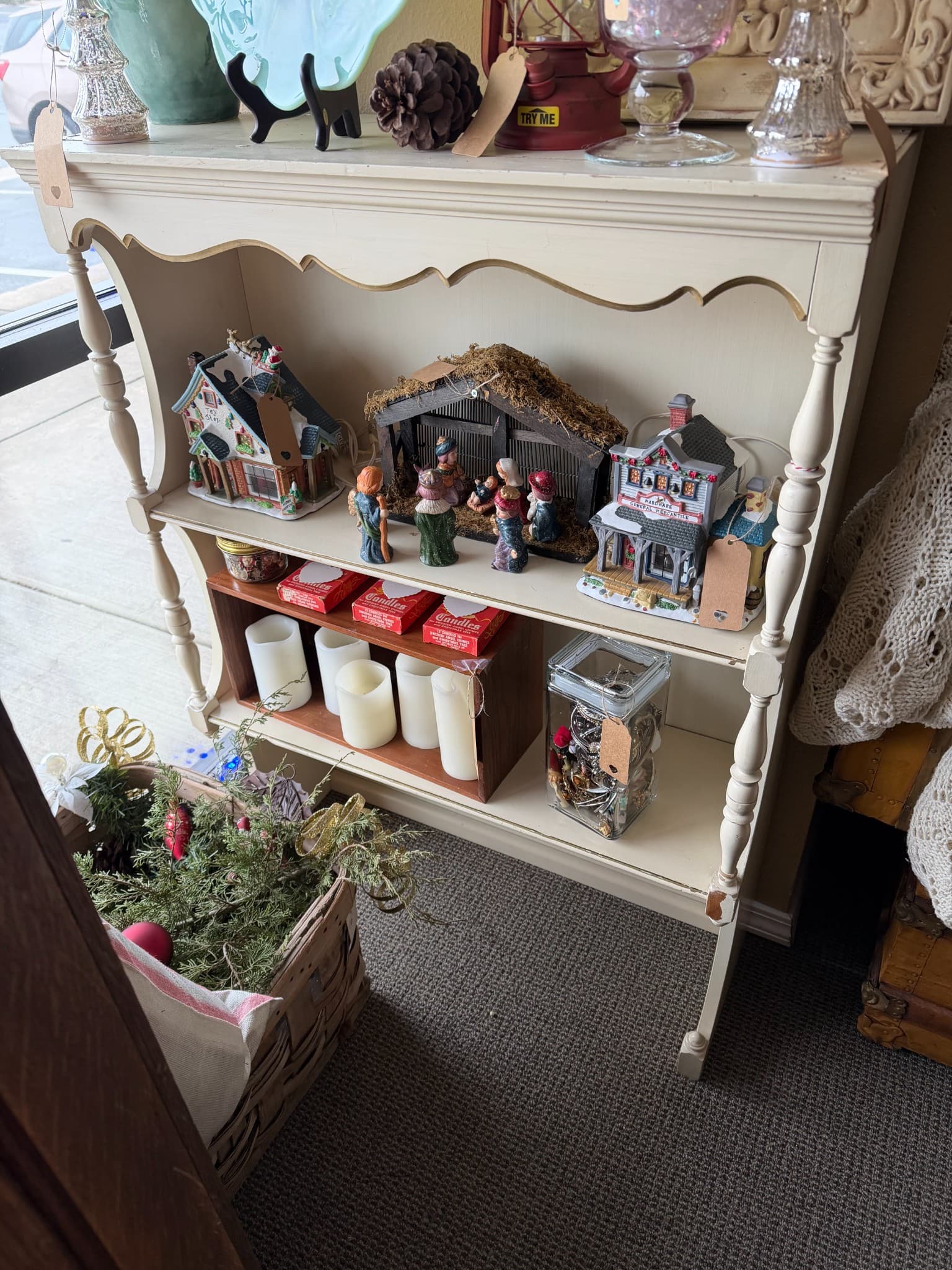 Decorative Wooden Shelf with Christmas Village Display