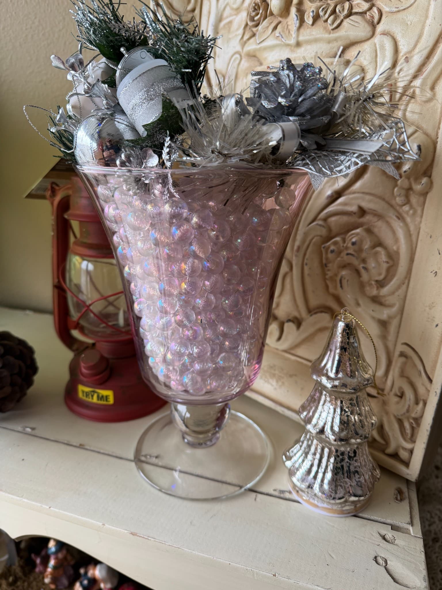Decorative Glass Vase with Holiday Arrangement - Image 1