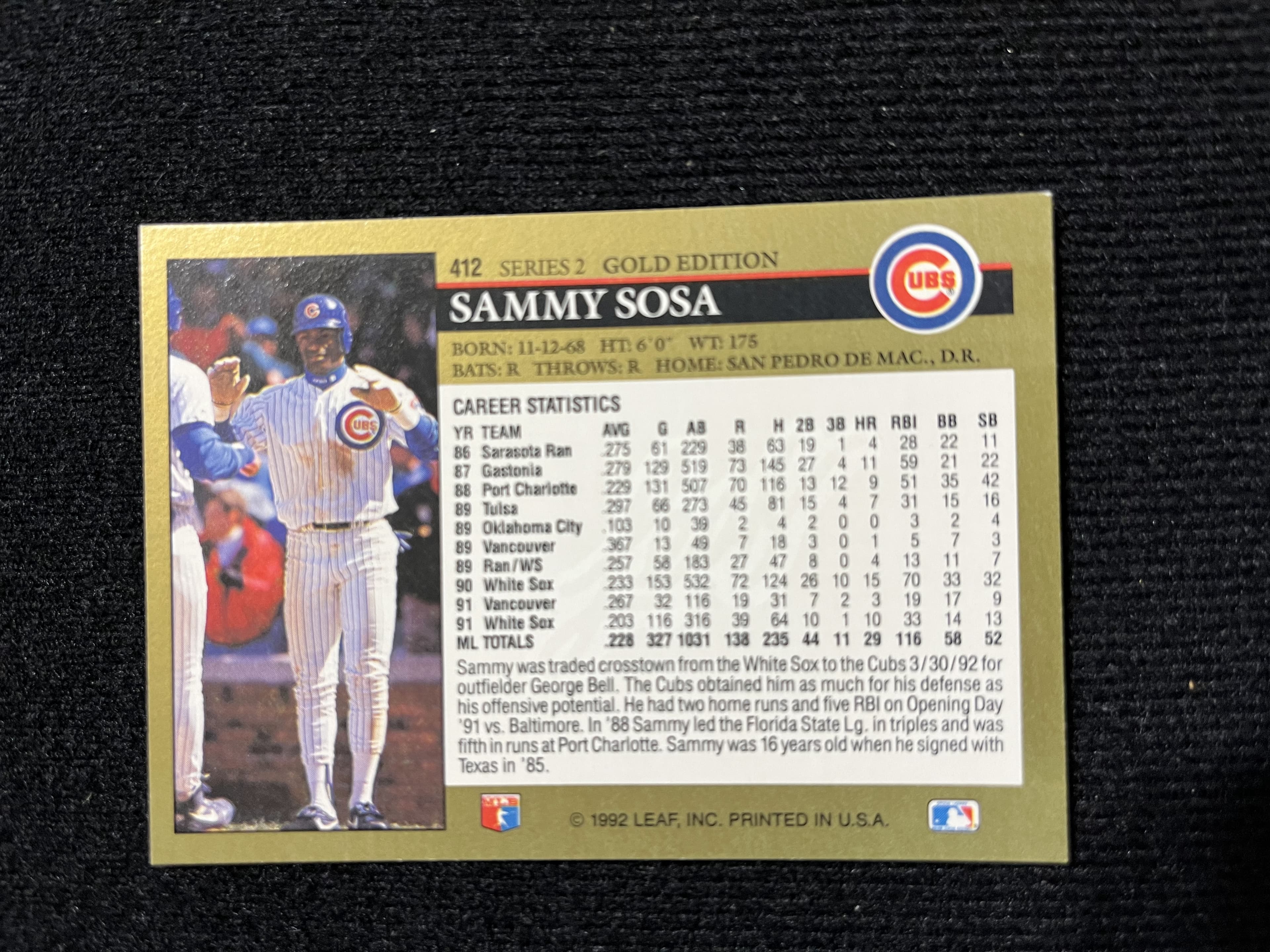 1992 Leaf Sammy Sosa #412 - Image 1